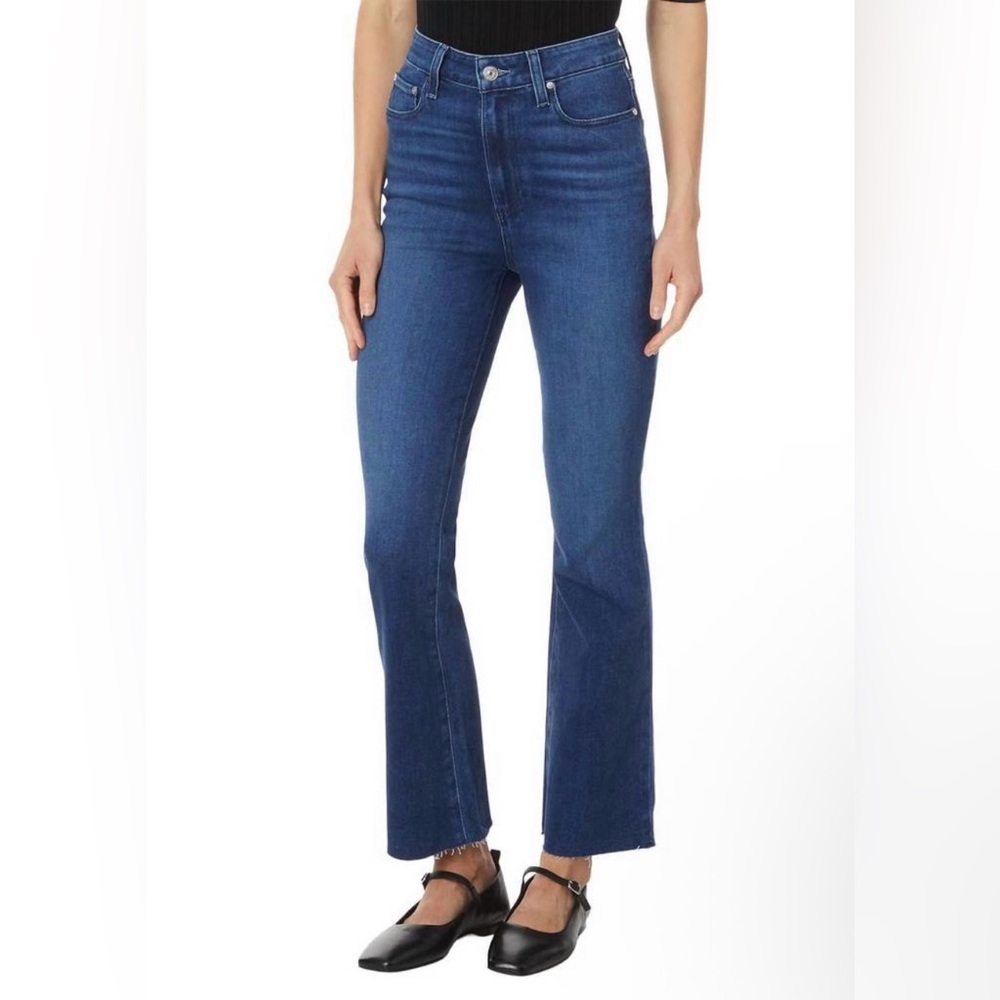 NEW PAIGE claudine raw hem high waist ankle flare jeans in sail away